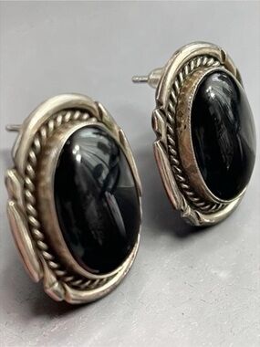 Vintage Onyx Cabochons Bezel Set in Ornate Halos of Silver Post Earrings